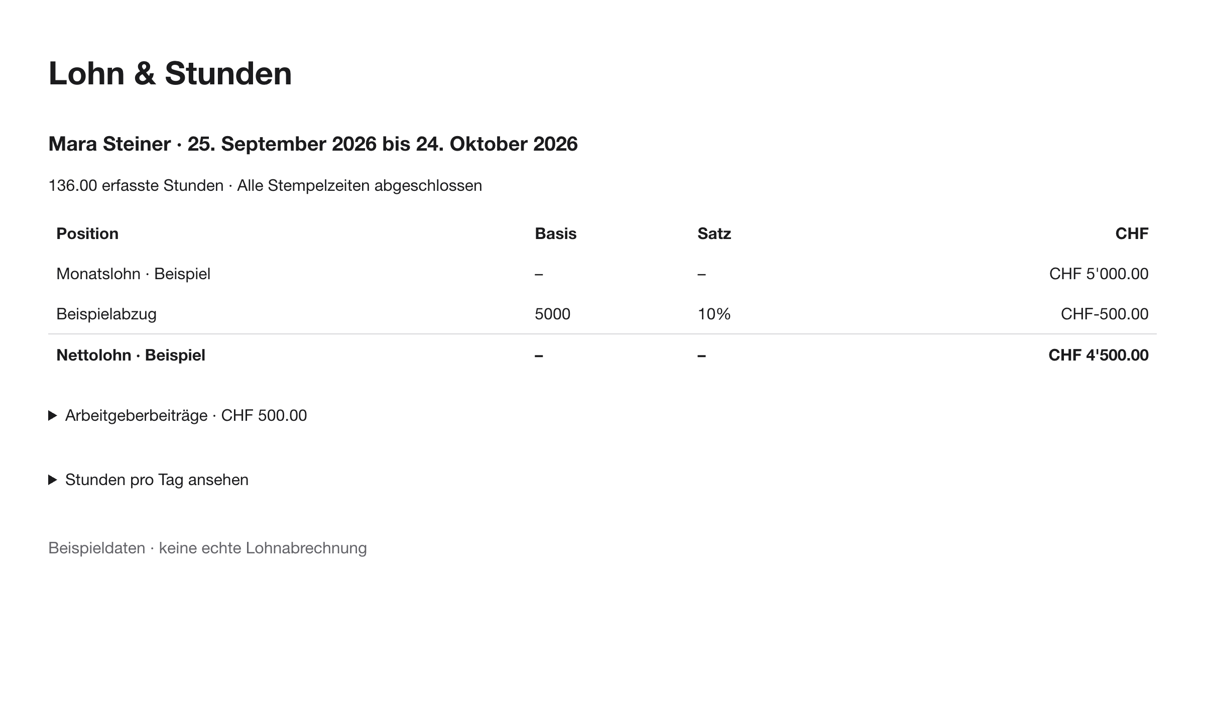 Originale Lohnansicht mit vollständig fiktiven Beispielbeträgen